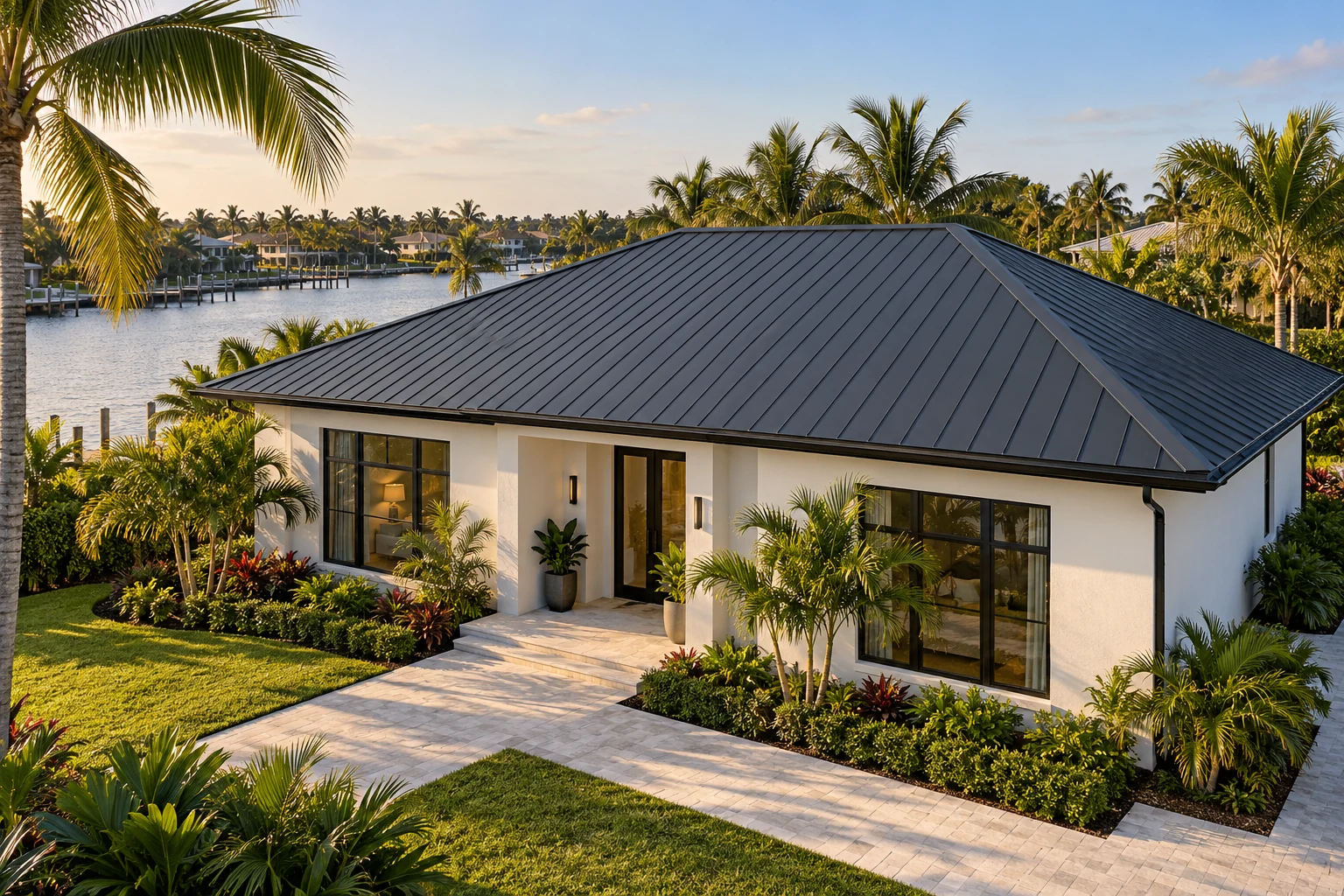 Architectural visualization of a charcoal standing-seam roof on a Florida coastal home