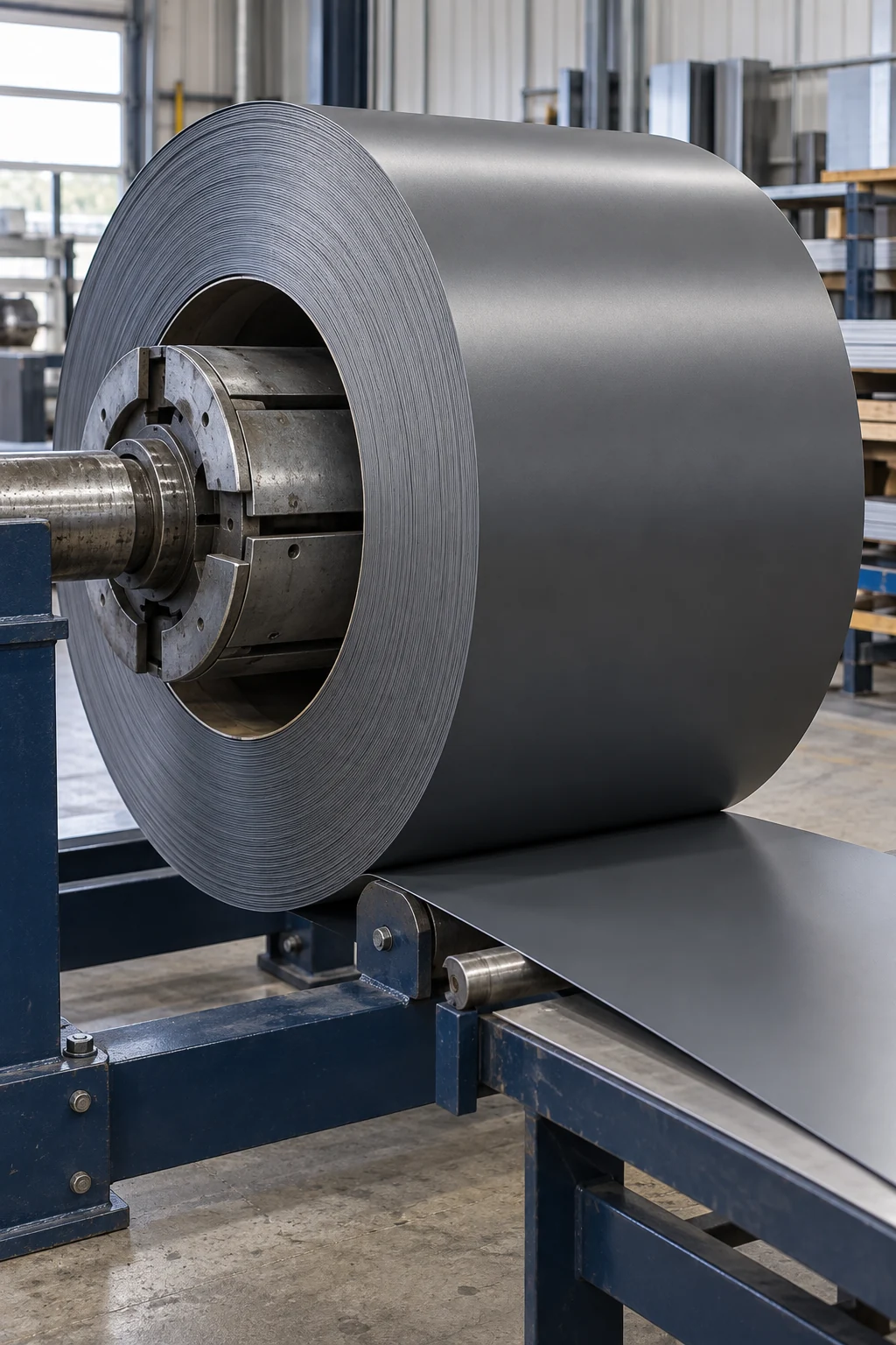 Illustration of metal coil feeding into fabrication equipment